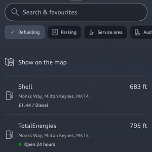 myAudi Fuel Stations Screenshot of the nearest fuel stations on the myAudi app
