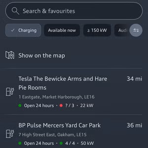 myAudi Electric Charge Points Screenshot of electric charge points near on the myAudi app