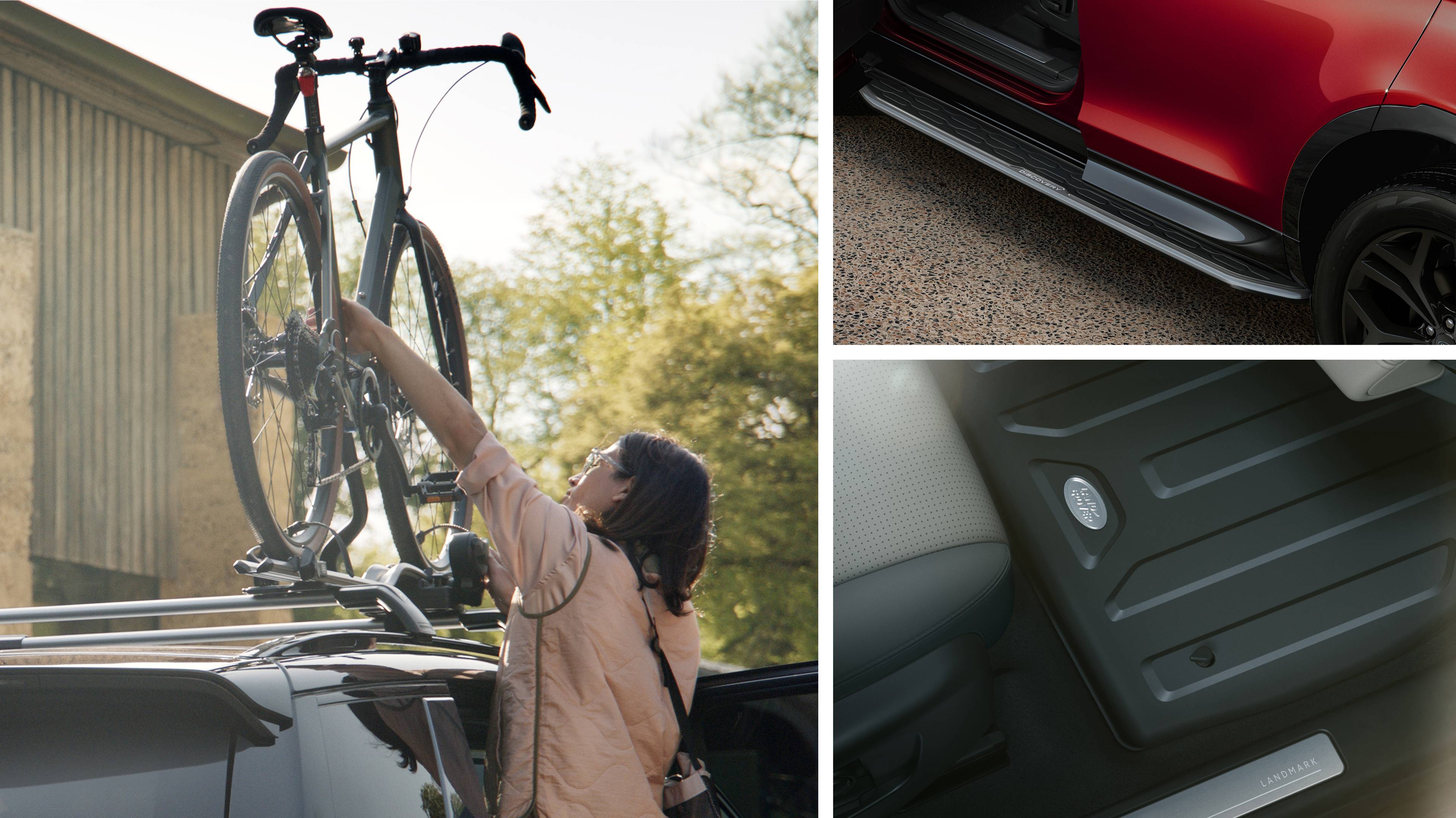 collage of close up images of discovery sport woman getting a bike off a bike mount, red side profile