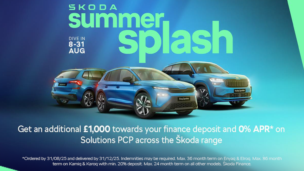 Skoda Summer Splash event text with blue SKODA vehicles underneath and white text underneath