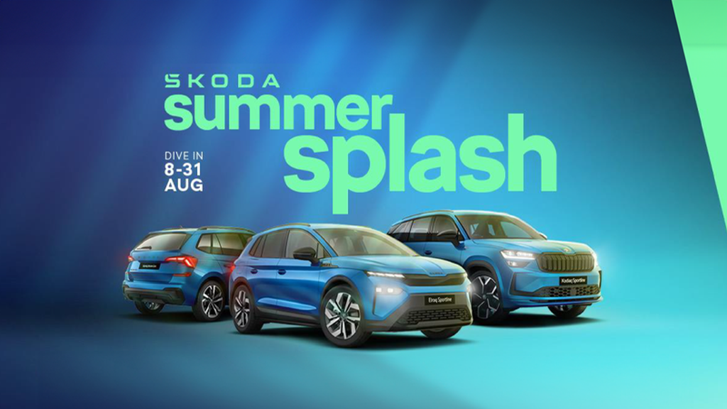 Summer splash event banner with blue background and green text