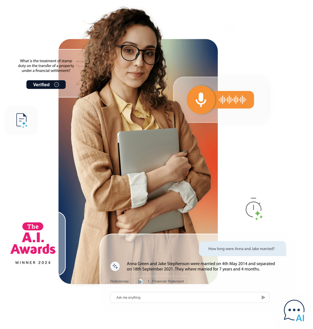 LEAP's legal AI solutions as icons around a lawyer holding a laptop