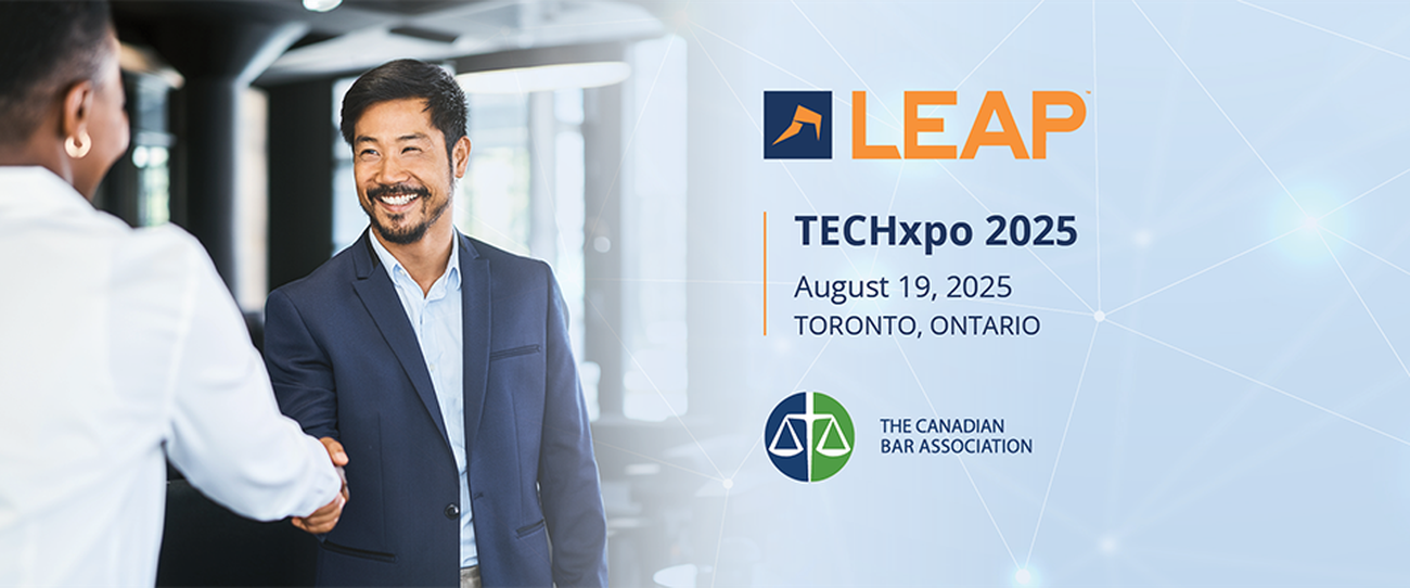 A man in a suit shakes hands with someone. Text reads "LEAP TECHxpo 2025, August 19, Toronto, Ontario" with The Canadian Bar Association logo.