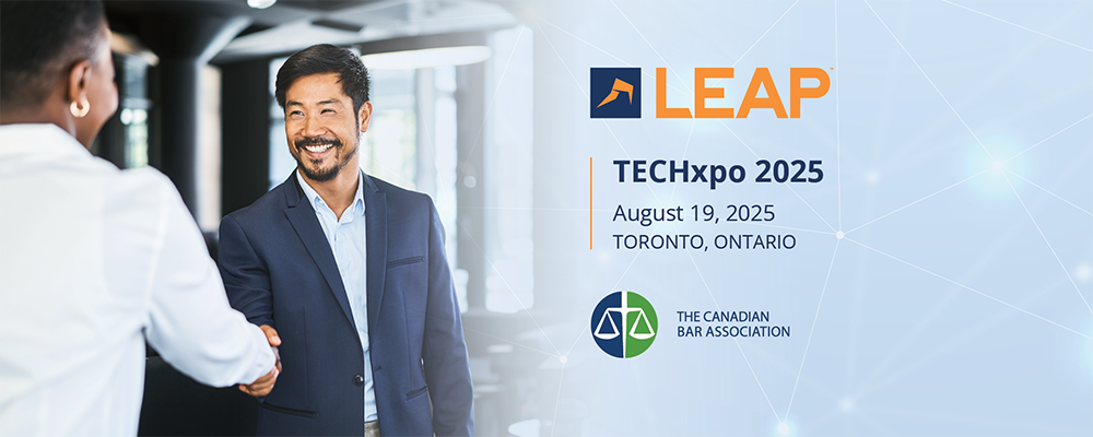 A man in a suit shakes hands with someone. Text reads "LEAP TECHxpo 2025, August 19, Toronto, Ontario" with The Canadian Bar Association logo.