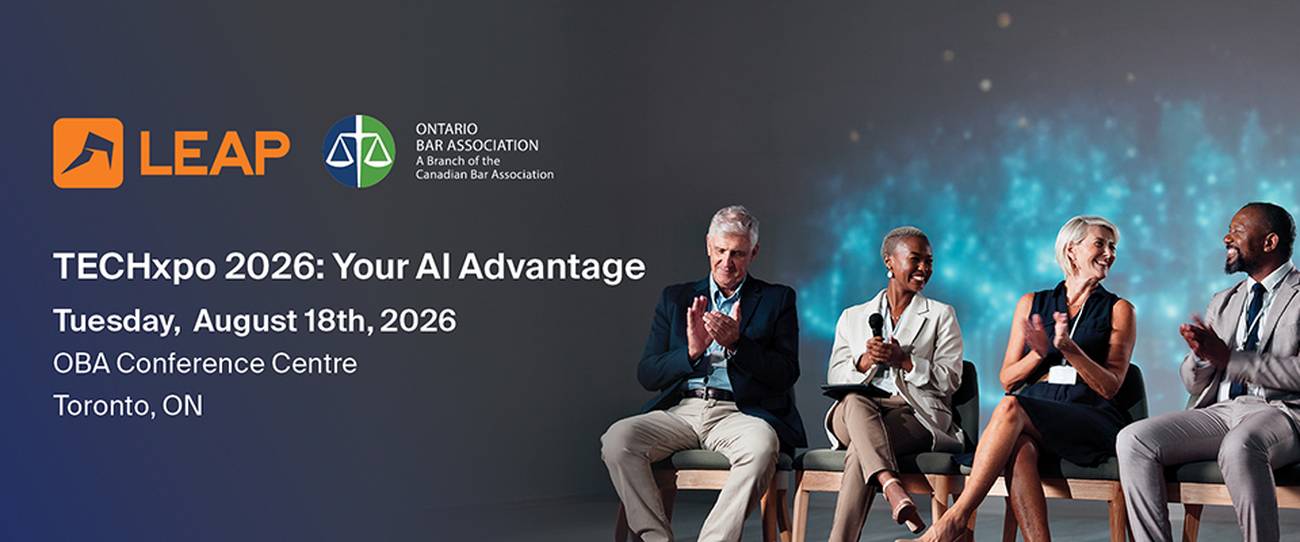 People seated and clapping on stage at TECHxpo 2026 event, alongside event details including date, location, and logos for LEAP and Ontario Bar Association.