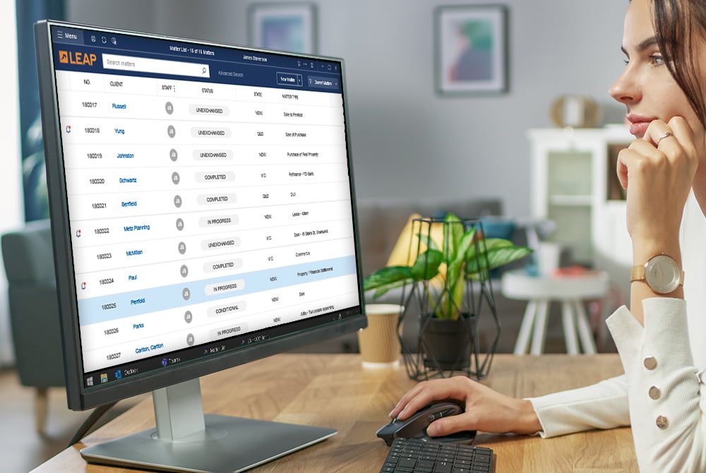 Lawyer looking at LEAP on a desktop screen