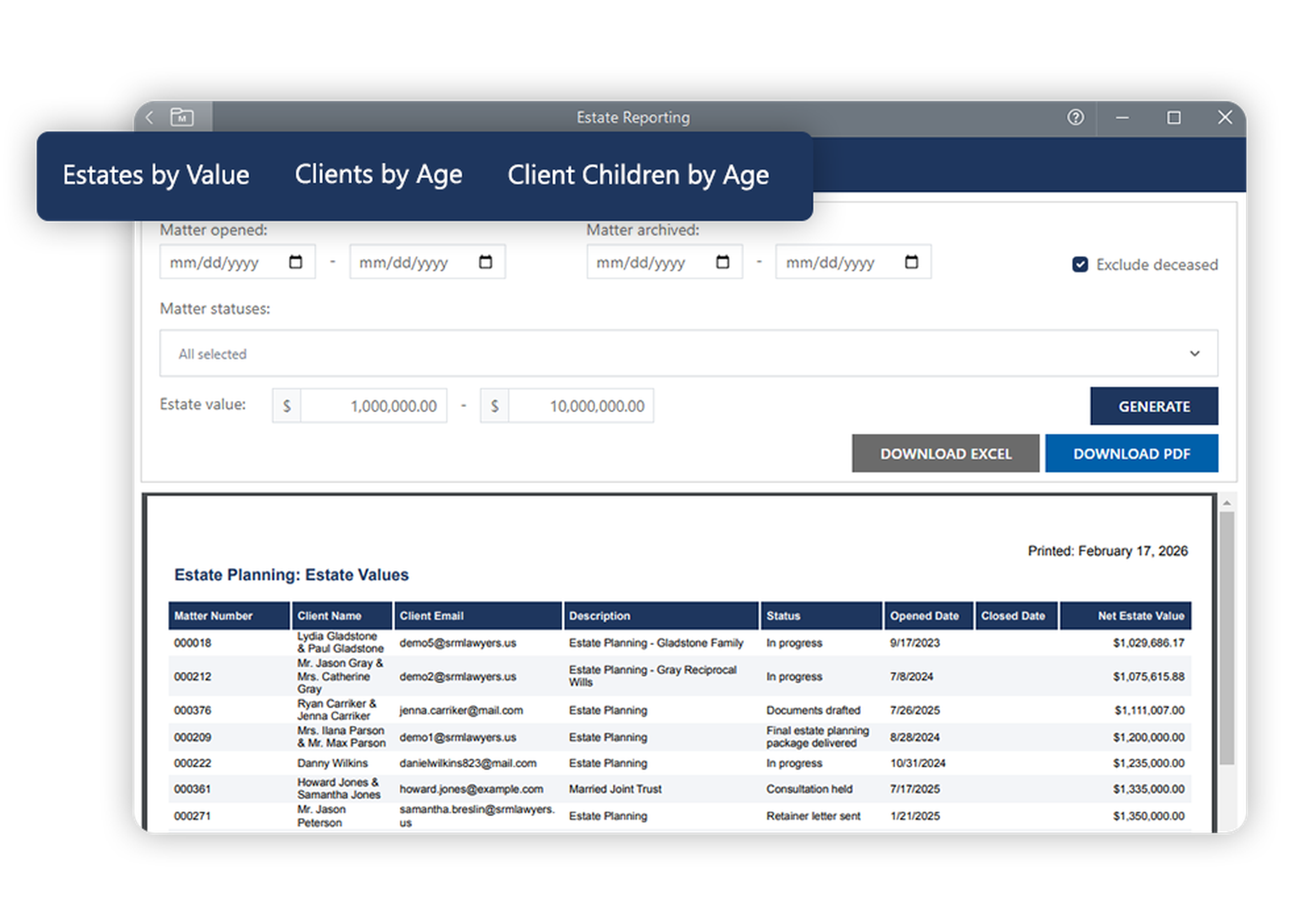 LEAP software interface showing estate reporting with filters for dates and values, and a table listing estate plans with client details and statuses.