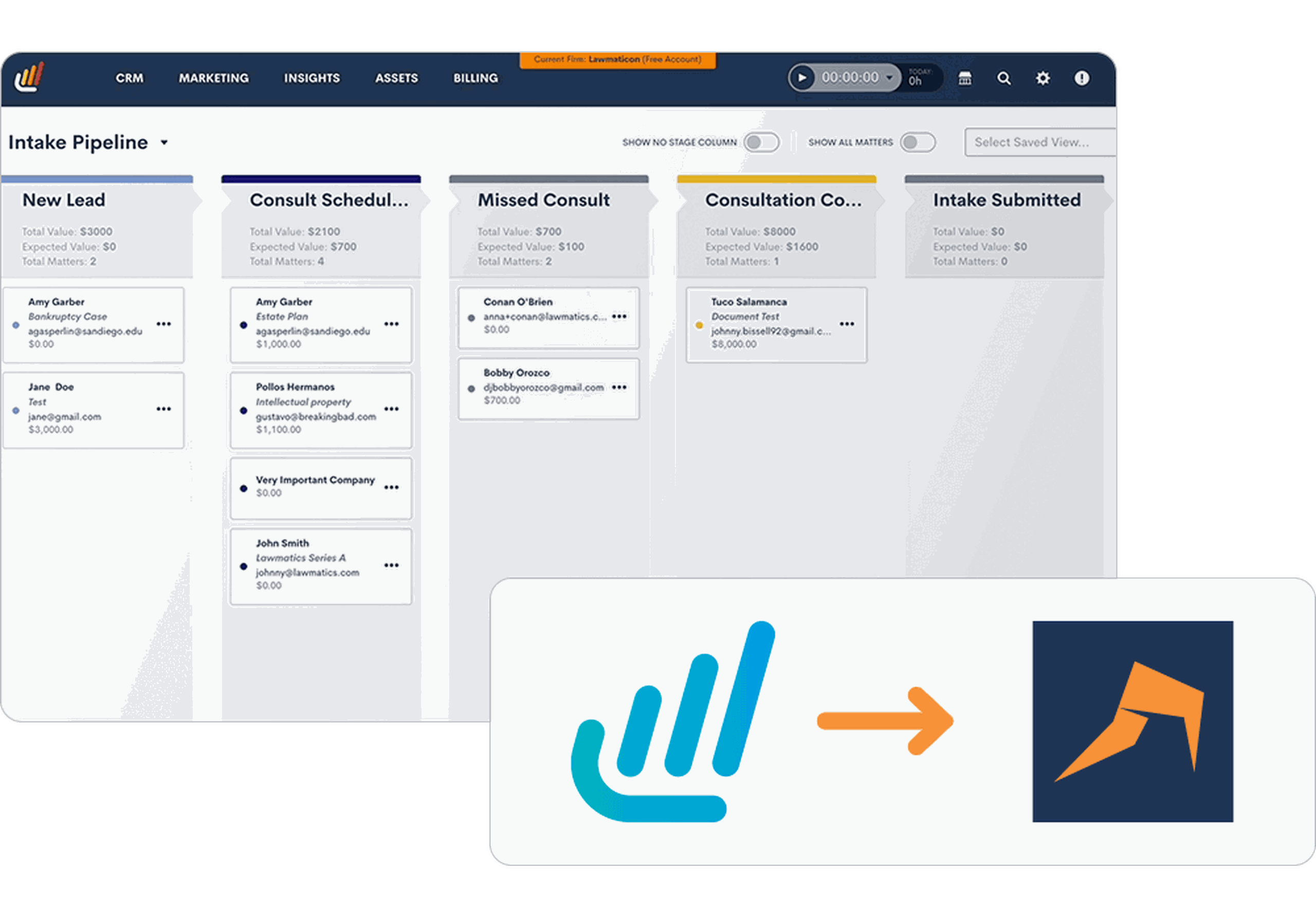 Lawmatics dashboard showing an intake pipeline with columns for new leads, scheduled consults, and more that integrates with LEAP.