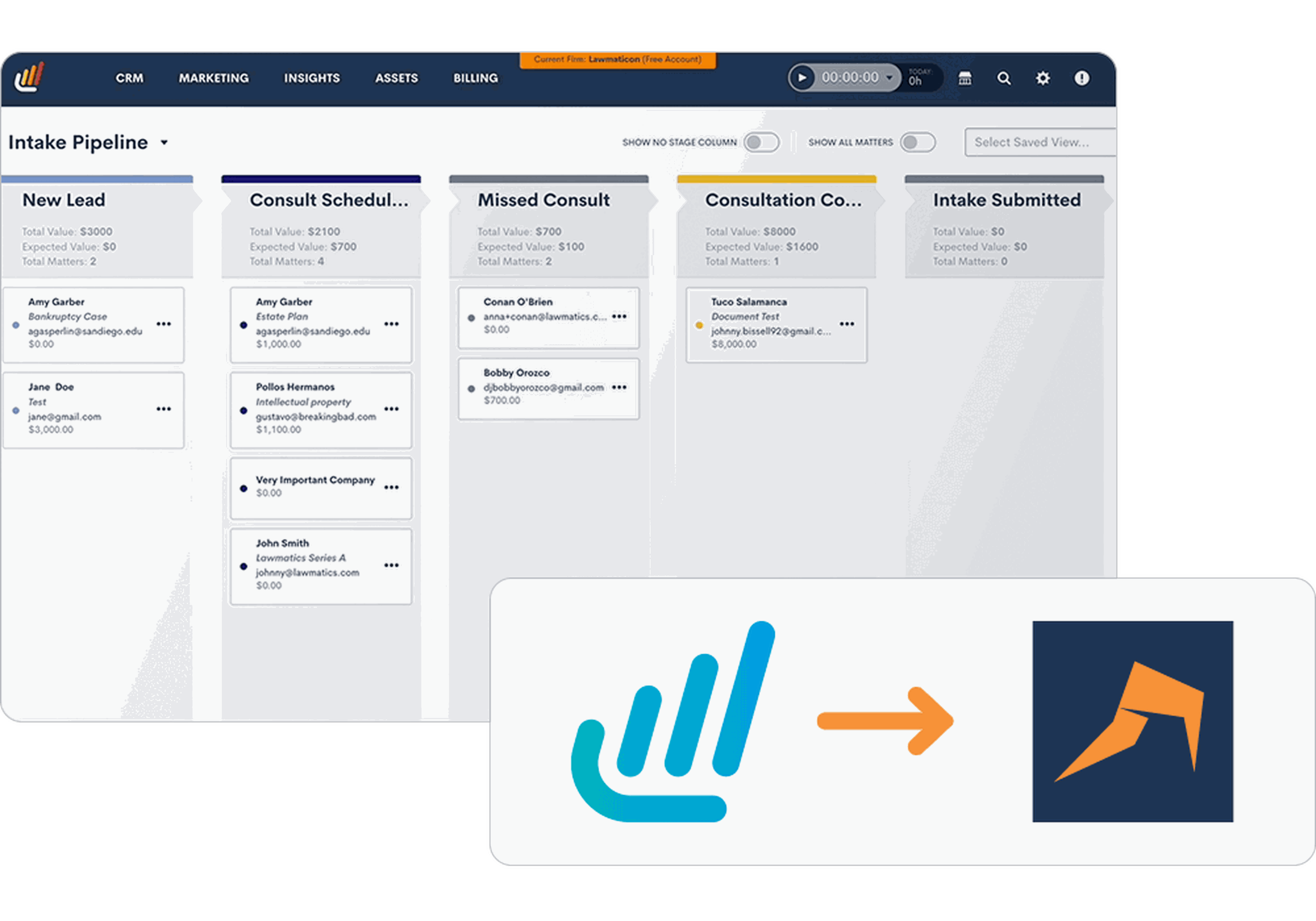 Lawmatics dashboard showing an intake pipeline with columns for new leads, scheduled consults, and more that integrates with LEAP.