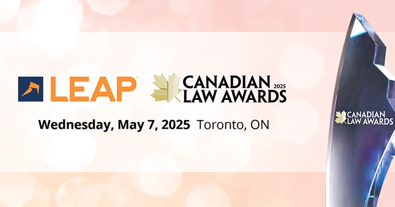 "LEAP Canadian Law Awards 2025 banner with date and location, featuring a trophy on the right."