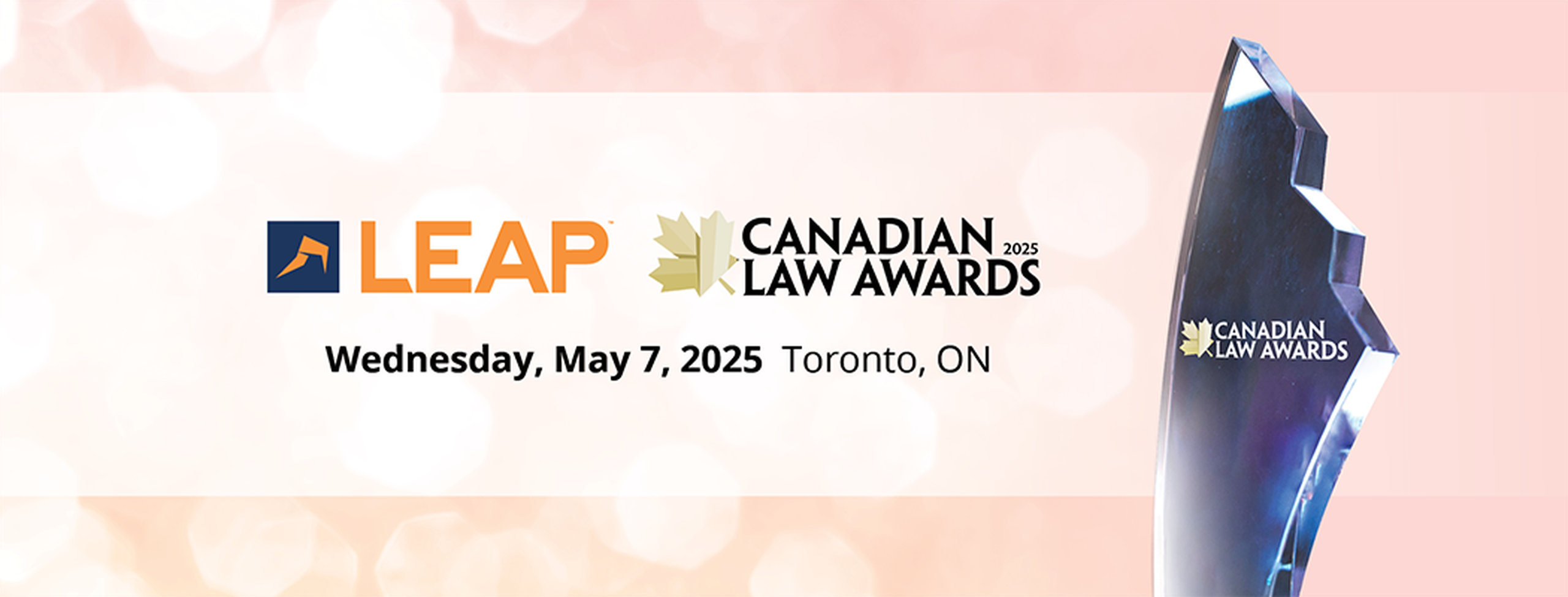 "LEAP Canadian Law Awards 2025 banner with date and location, featuring a trophy on the right."