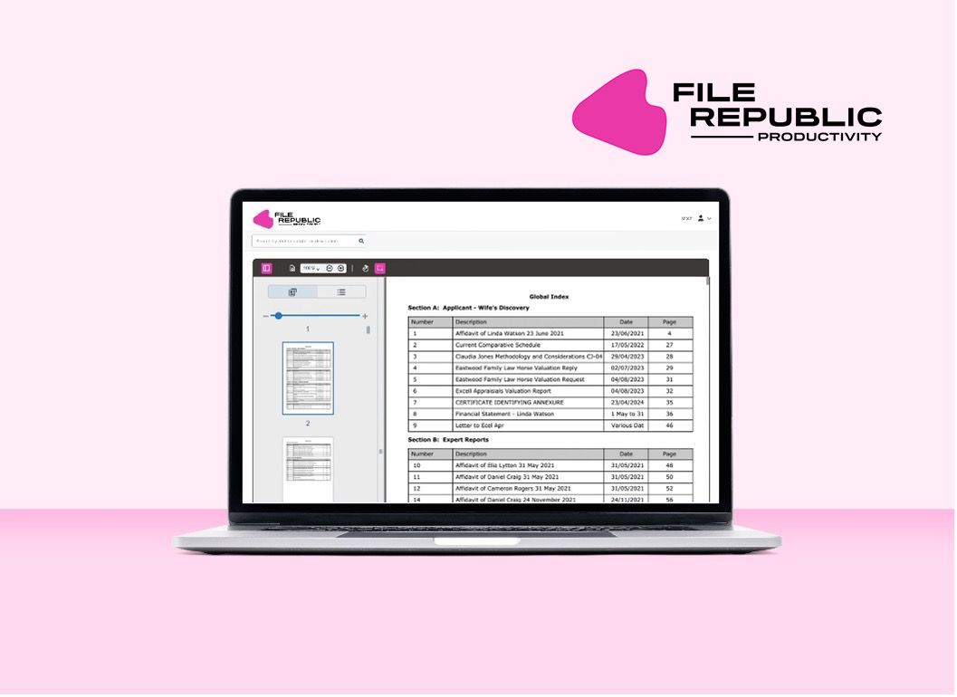 Laptop displaying a document list on screen, with "File Republic Productivity" logo on a pink background.