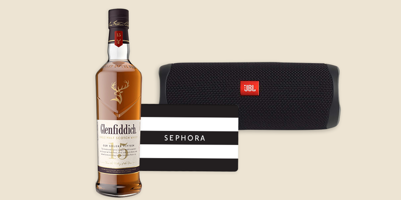 bluetooth speaker, sephora gift card and liquor