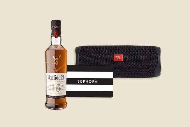 bluetooth speaker, sephora gift card and liquor