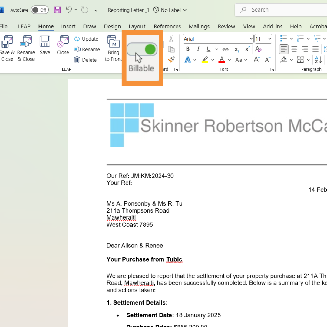 Screenshot showing the billable toggle
