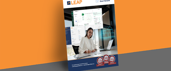 Poster featuring a woman at a desk with digital real estate graphics, LEAP logo, and award badges against an orange and gray background.