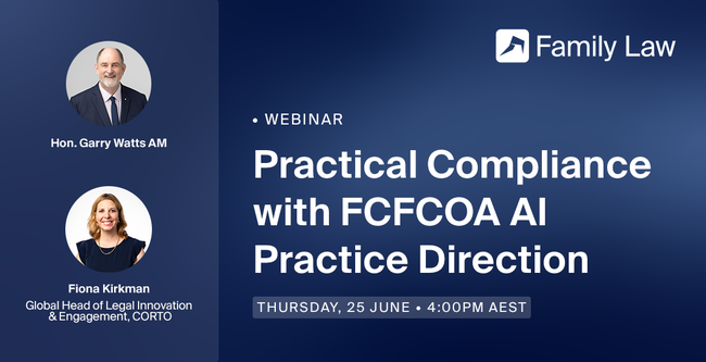 Webinar on "Practical Compliance with FCFCOA AI Practice Direction" featuring two speakers, scheduled for Thursday, 25 June, 4:00 PM AEST.