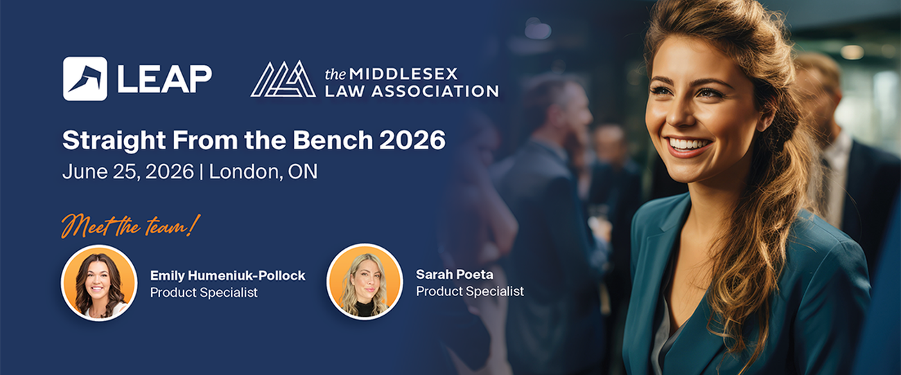 Smiling woman at an event promoting "Straight From the Bench 2026" by LEAP and Middlesex Law Association. Date: June 25, 2026, London, ON.