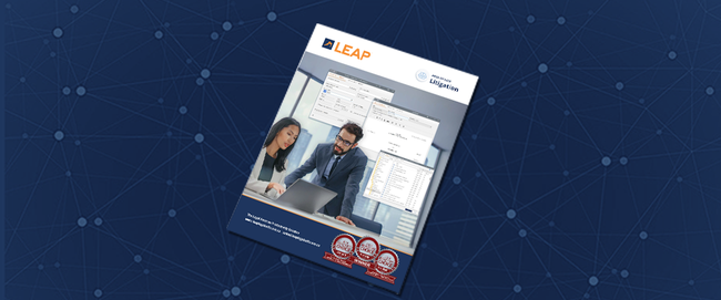 Promotional flyer for LEAP legal software showing two professionals at a desk, with software screenshots and award badges on a blue network background.