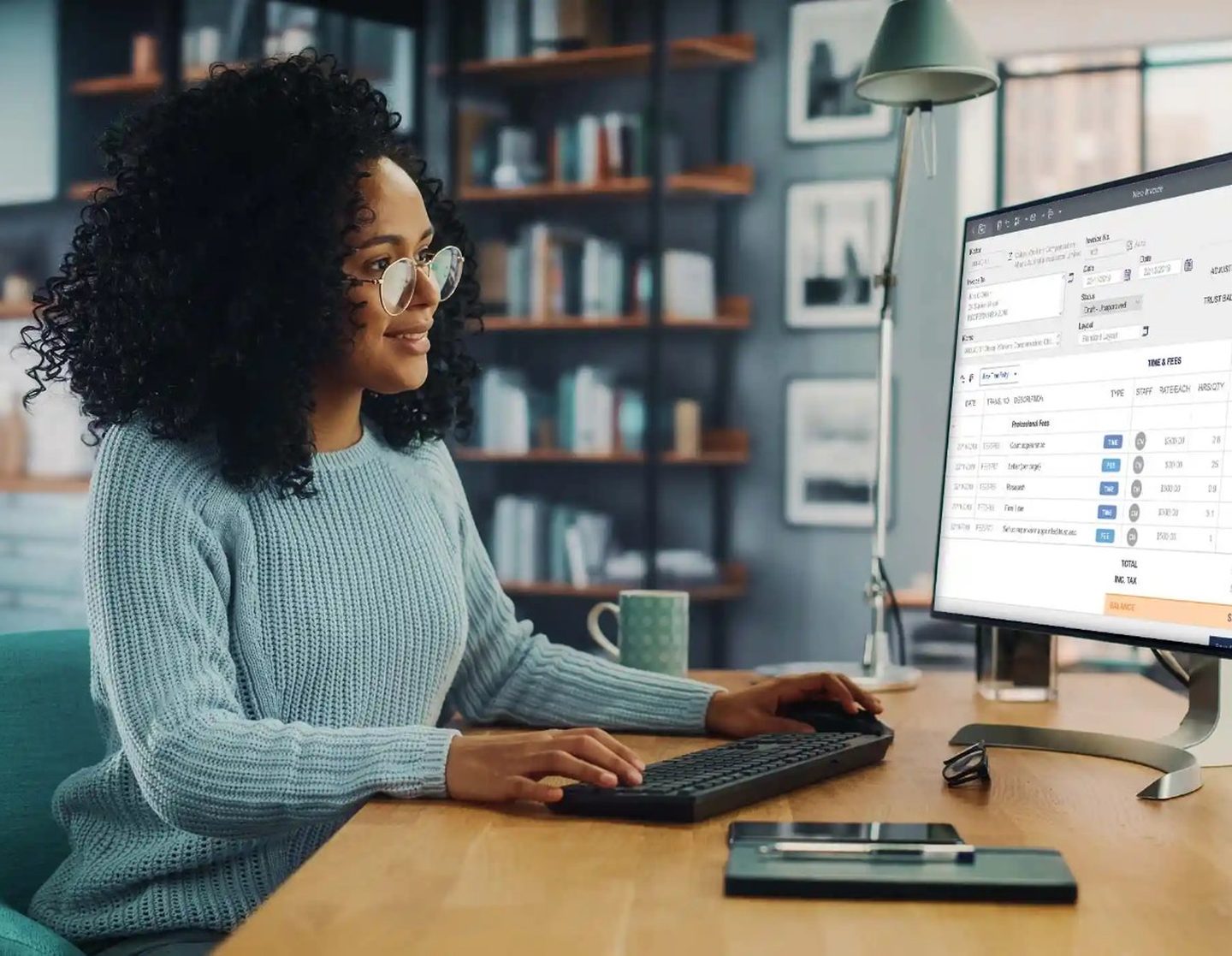 woman working at home using leap software to create a new invoice