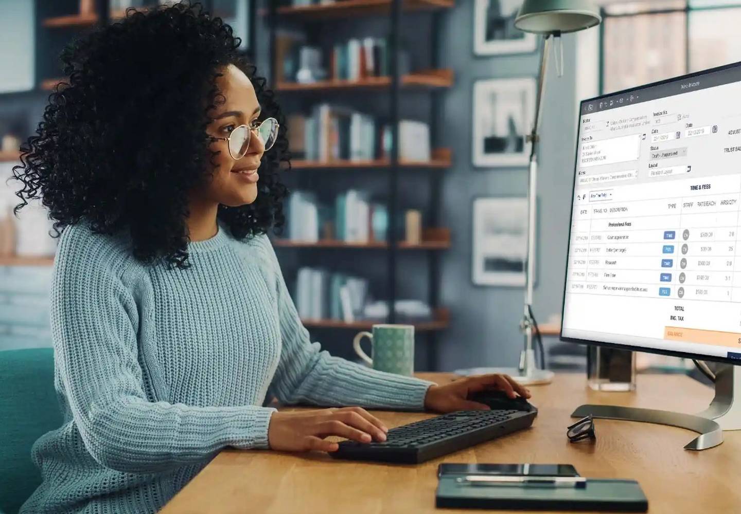 woman working at home using leap software to create a new invoice