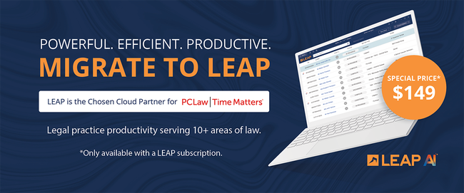 Ad for LEAP AI: Features a laptop screen and promotes legal productivity software at a special price of $149.
