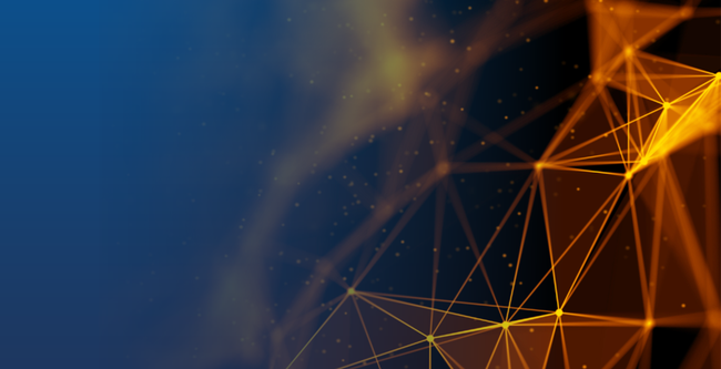 blue background with orange lines and dots forming a prism in the right corner