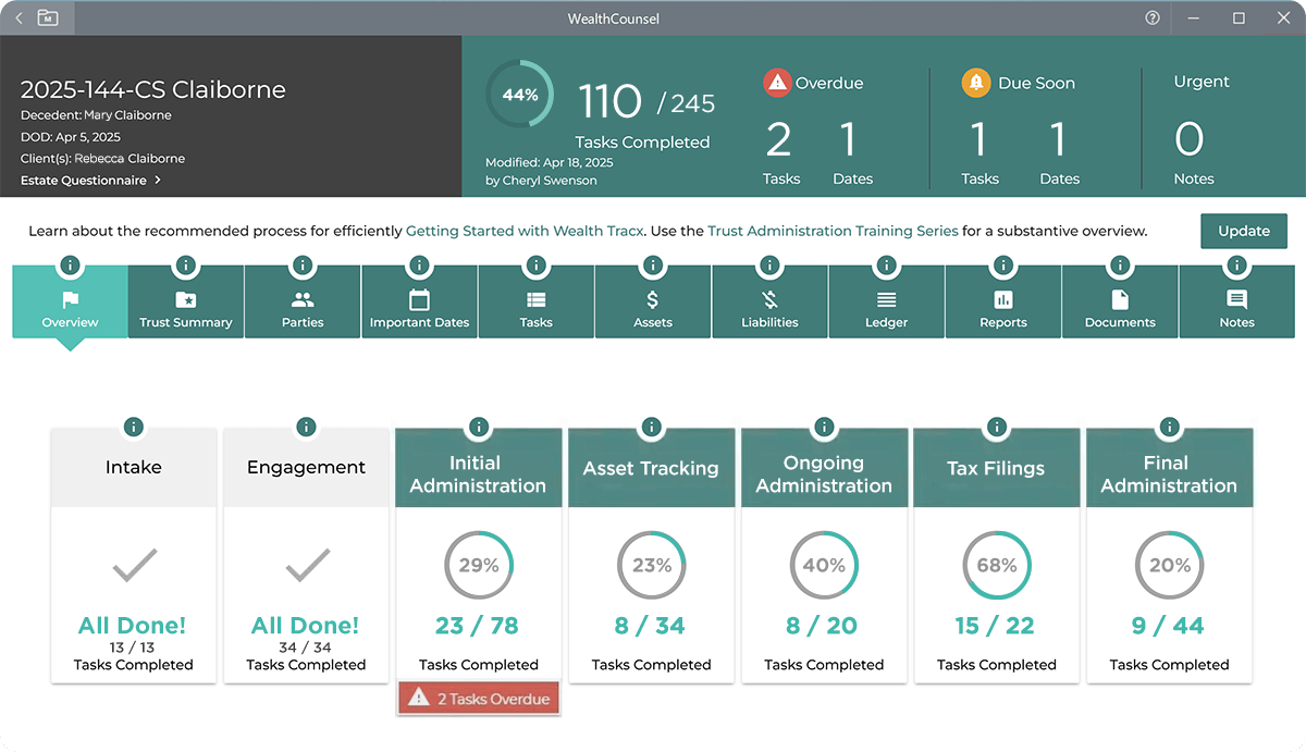 A view of Wealth Tracx® trust administration software.