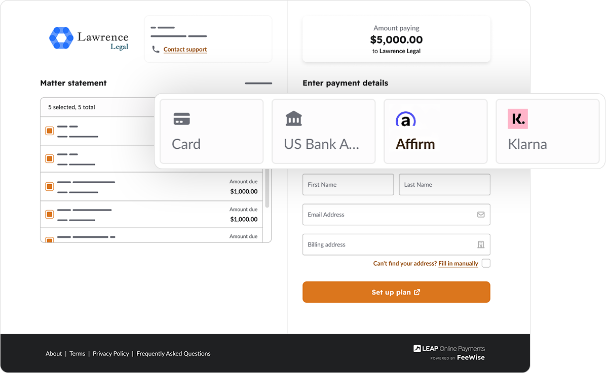 Legal payment interface showing amount due of $5,000 with options: Card, US Bank Account, Affirm, Klarna. Fields for entering personal details.