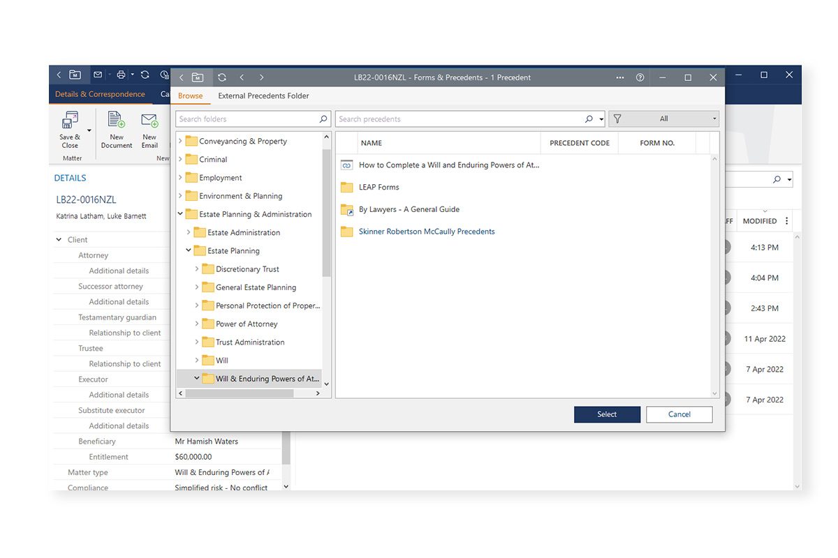 LEAP screen showing how to add precedents