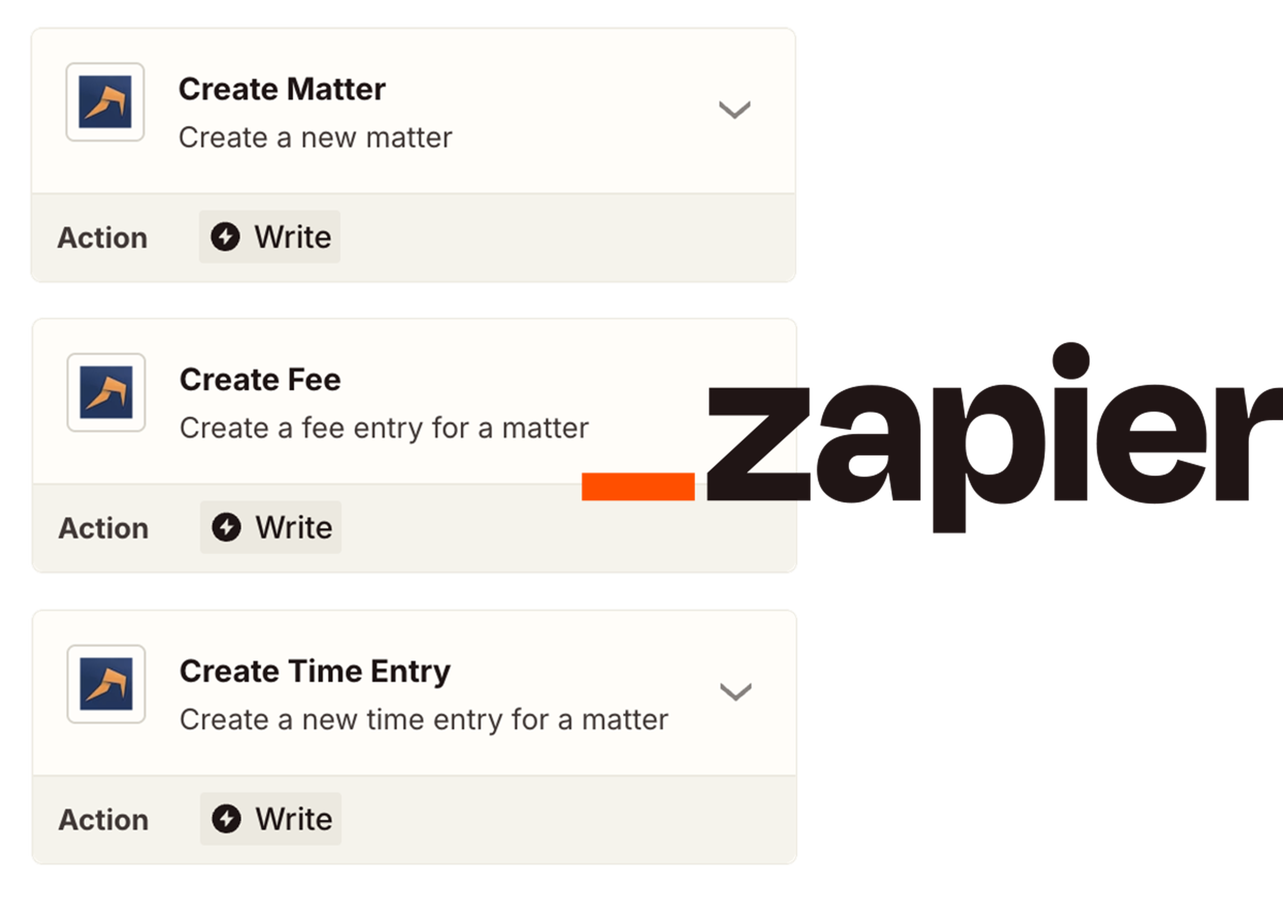 Zapier interface showing options with LEAP to create matter, fee, and time entry, each with a "Write" action button.