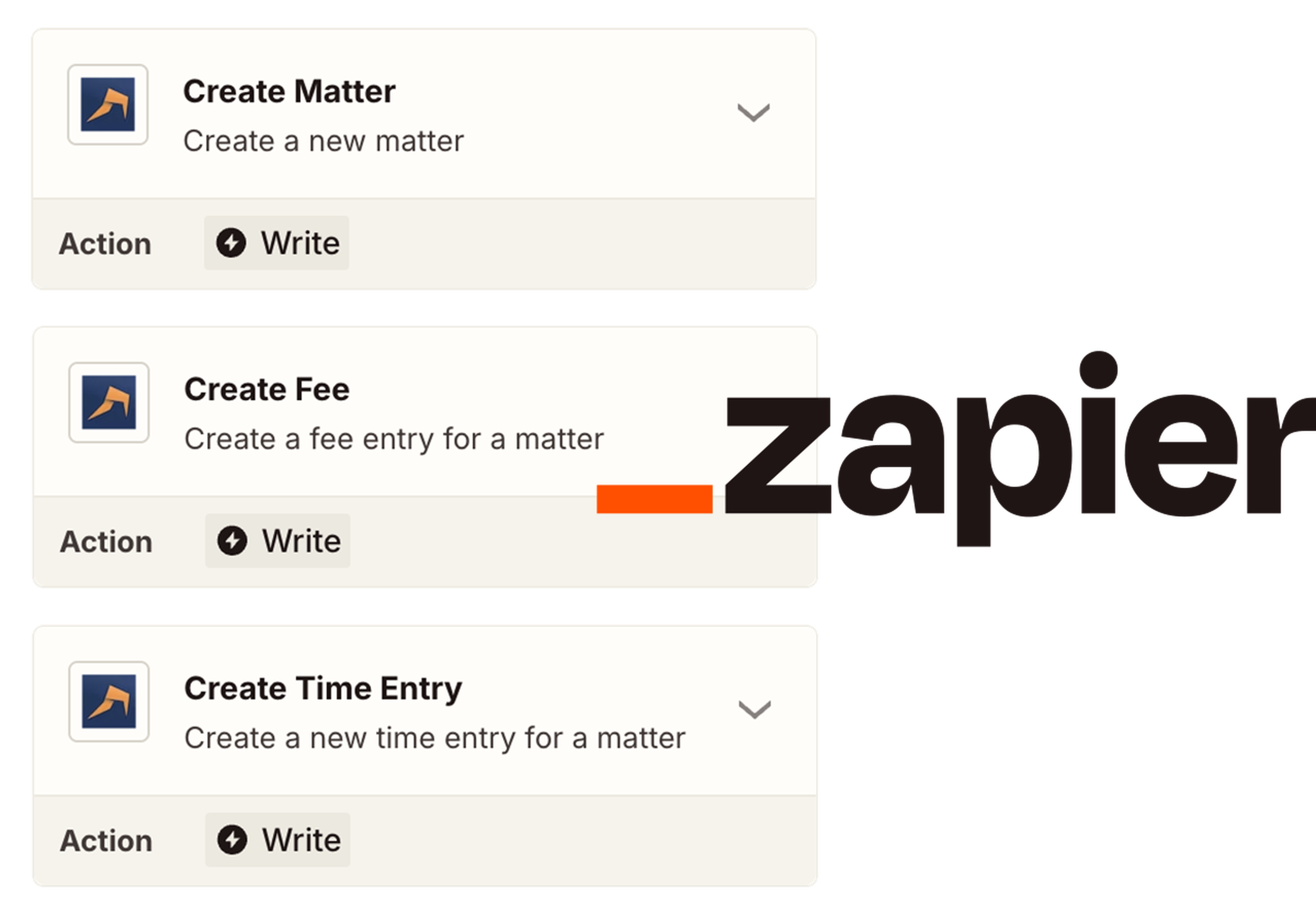 Zapier interface showing options with LEAP to create matter, fee, and time entry, each with a "Write" action button.