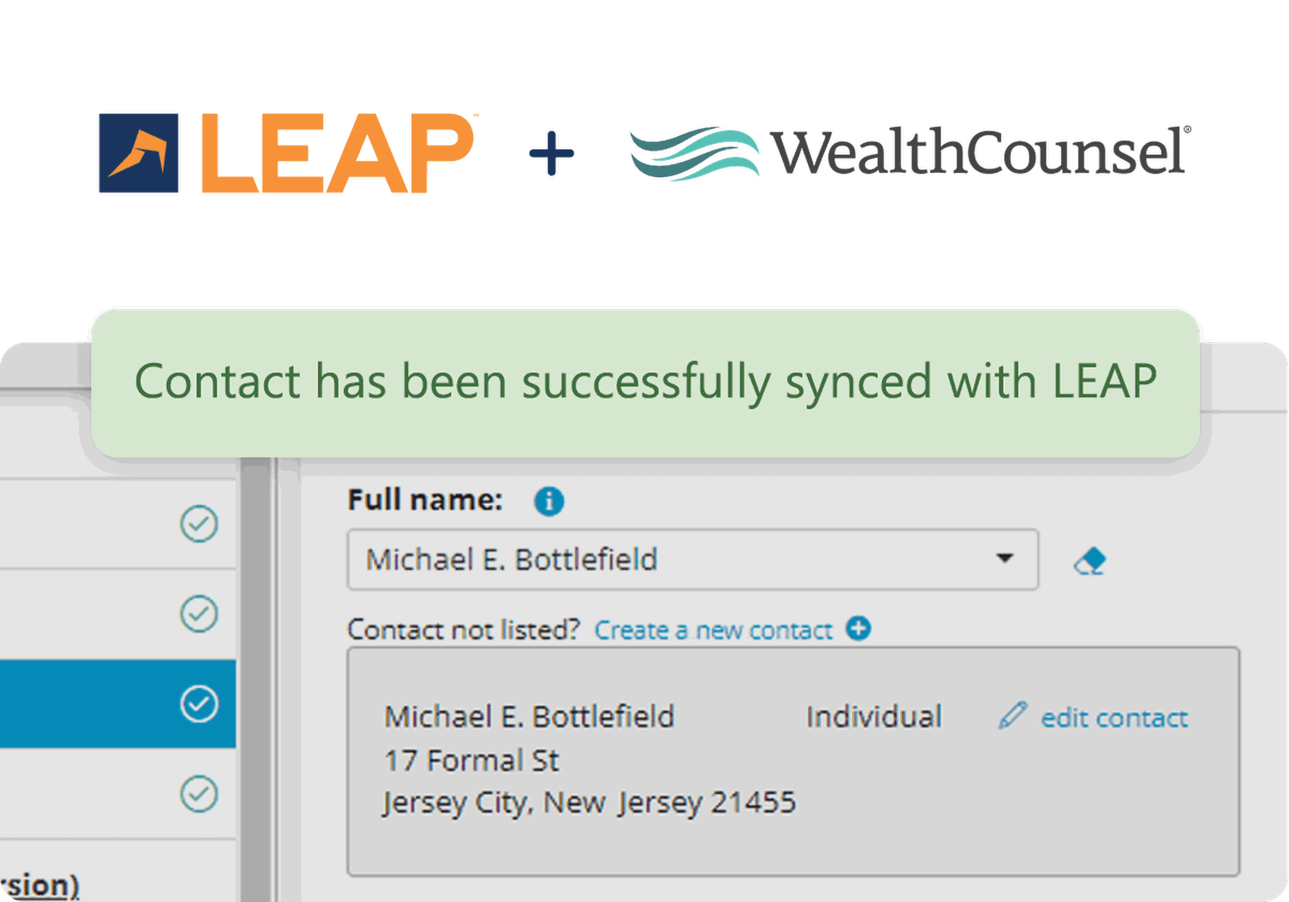 Screenshot showing a successful contact sync notification between LEAP and WealthCounsel.