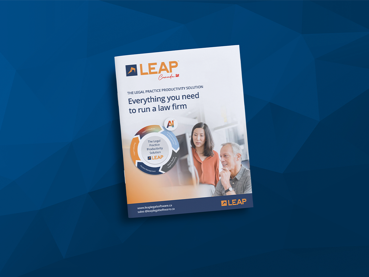 Brochure for LEAP, a legal practice productivity solution, featuring two people and a circular diagram on a blue geometric background.