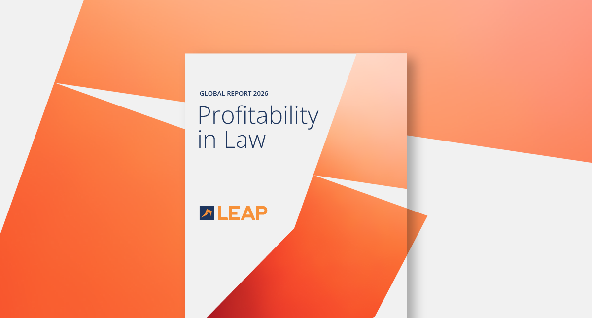 Cover of "Global Report 2026: Profitability in Law" by LEAP, featuring an abstract orange and white geometric design.