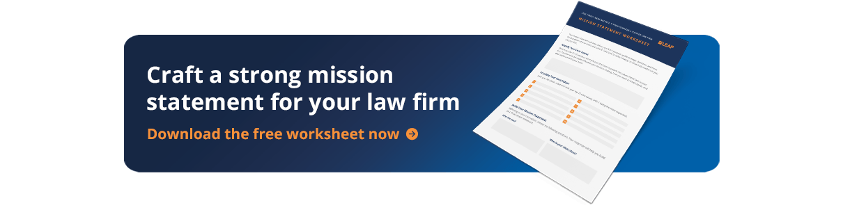 Banner with text: "Craft a strong mission statement for your law firm. Download the free worksheet now." Includes an image of a worksheet.