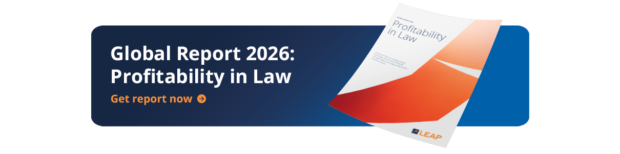 Banner showing LEAP's "Global Report 2026: Profitability in Law." Includes an orange and white report cover and a "Get report now" button.