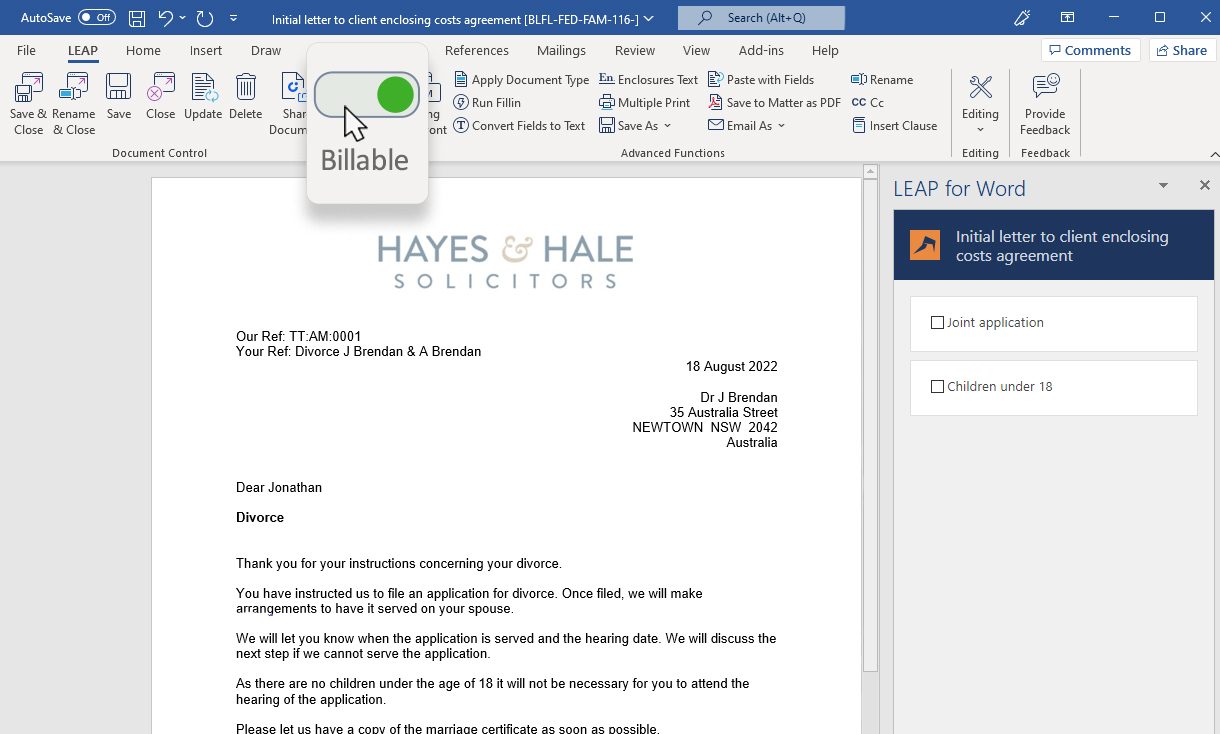 Features Matter Activity Recording Time & Fees Screen Billable Toggle Highlighted
