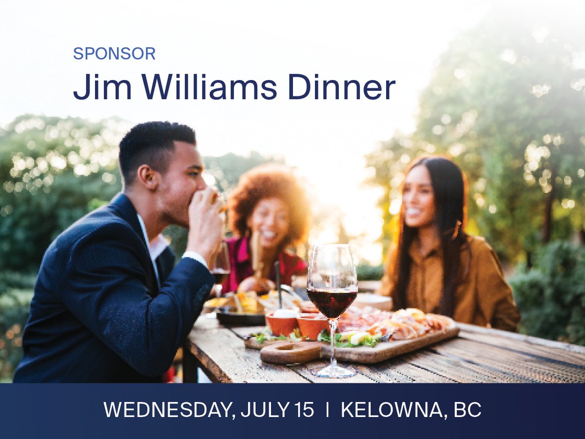 Three people enjoying an outdoor meal with wine. Text reads "Sponsor Jim Williams Dinner, Wednesday, July 15, Okanagan, BC."
