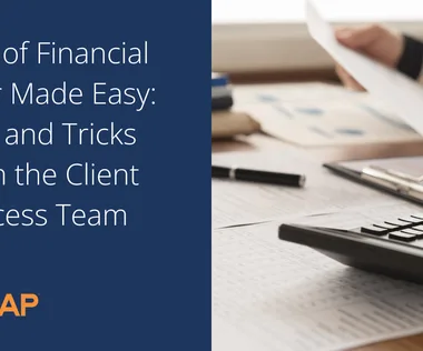 A person using a calculator with text "End of Financial Year Made Easy: Tips and Tricks from the Client Success Team"