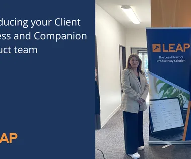 An image with text "Introducing your Client Success and Companion Product team" with an image of two people next to a LEAP banner