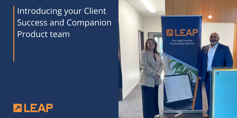 An image with text "Introducing your Client Success and Companion Product team" with an image of two people next to a LEAP banner