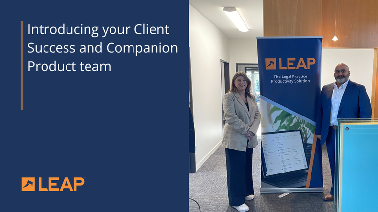 An image with text "Introducing your Client Success and Companion Product team" with an image of two people next to a LEAP banner