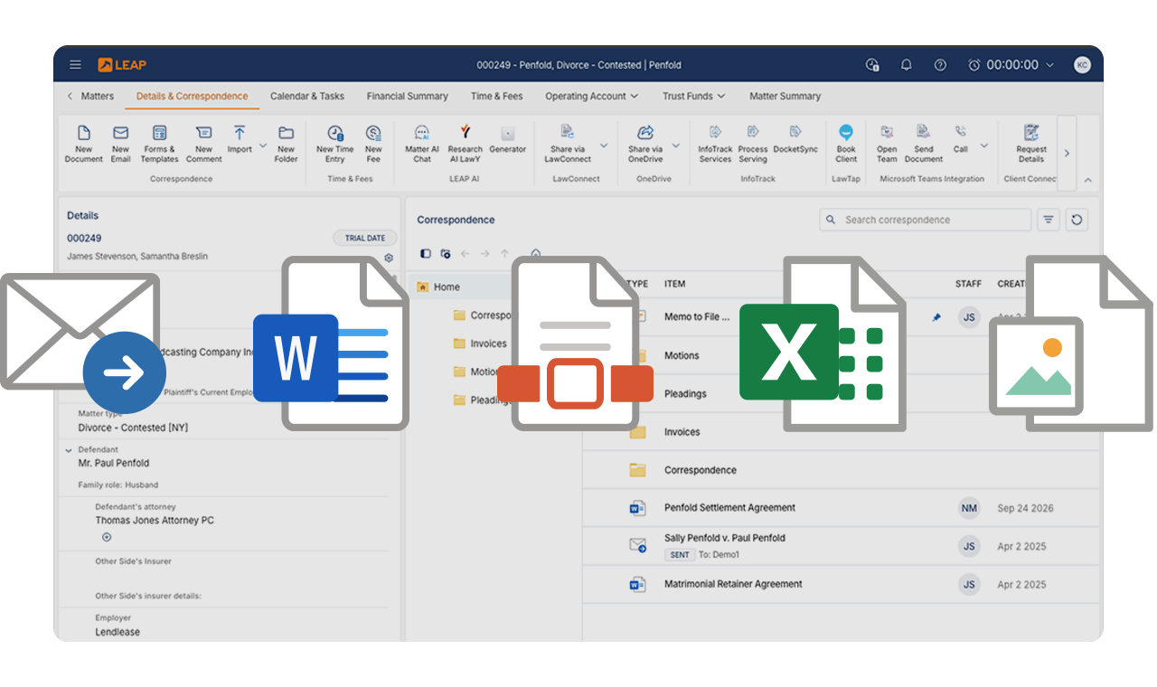 The LEAP interface showing the legal software with icons for email, Word, PowerPoint, Excel, and image files, used for managing legal documents.