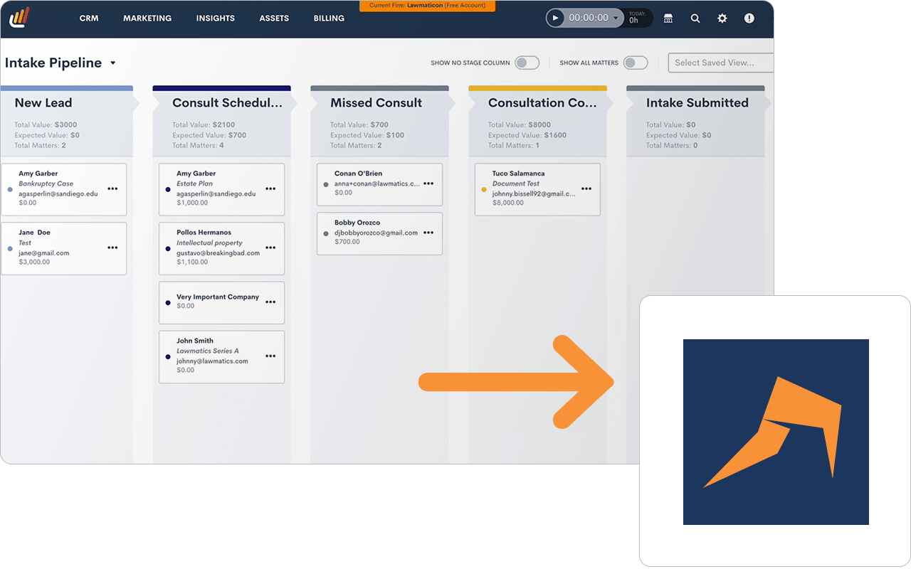 Dashboard showing Lawmatics intake pipeline with columns for lead stages and details which integrates with LEAP legal software.