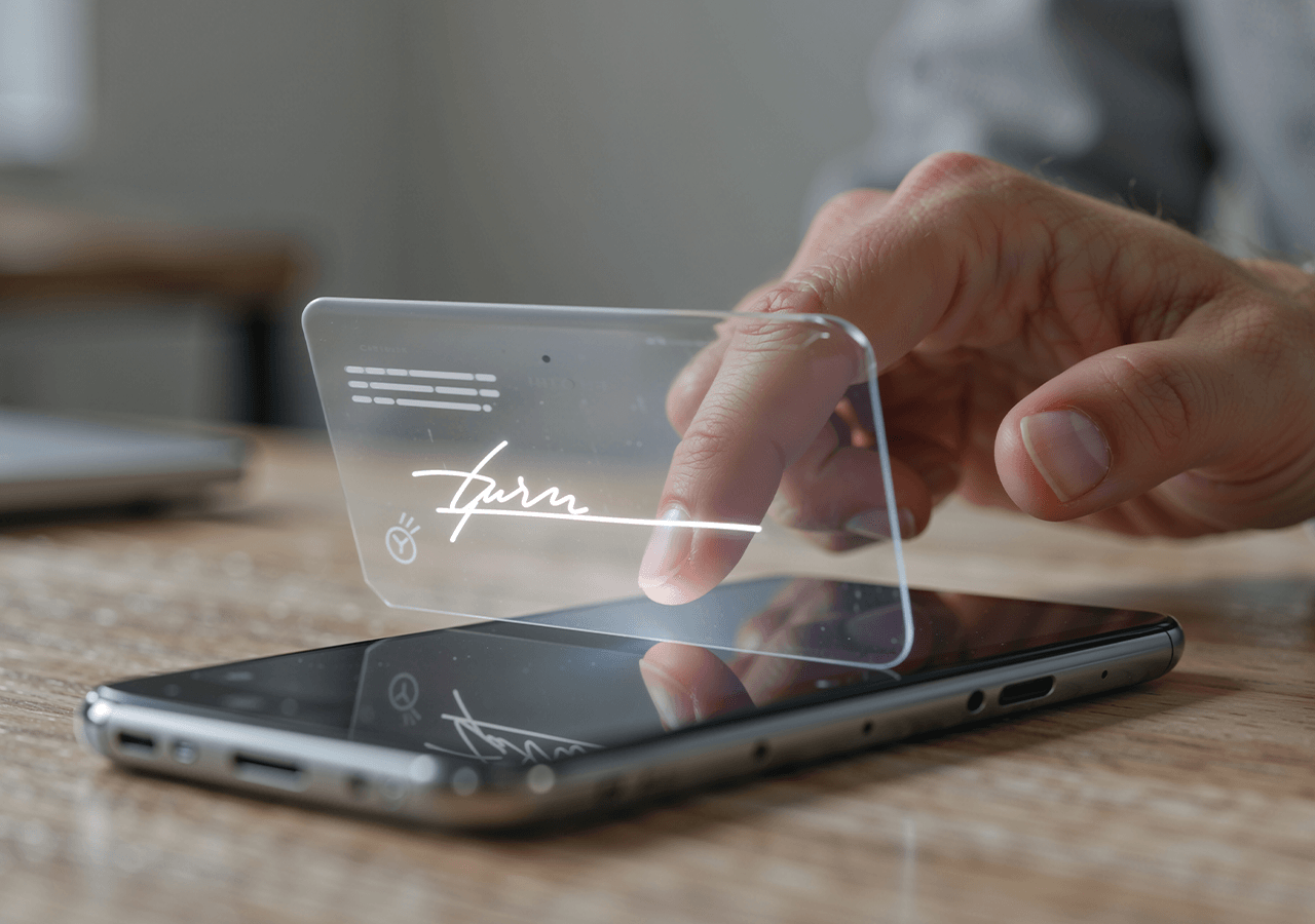 A hand and transparent card with an illuminated signature, hovering above a smartphone on a wooden table.