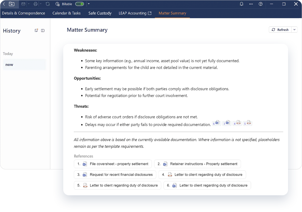 LEAP sample screenshot of a "Matter Summary" page detailing risks, opportunities, and necessary disclosures for early settlement in a legal context.