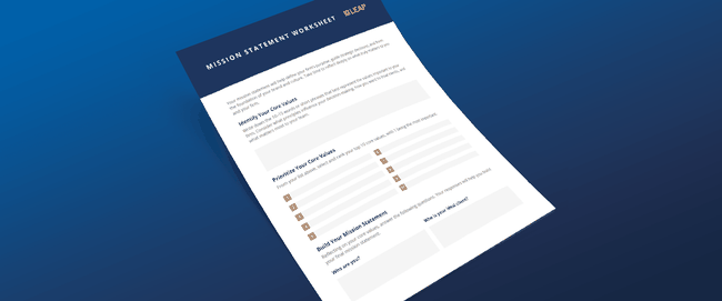A mission statement worksheet laying on a gradient blue background, featuring sections for identifying and prioritizing core values.
