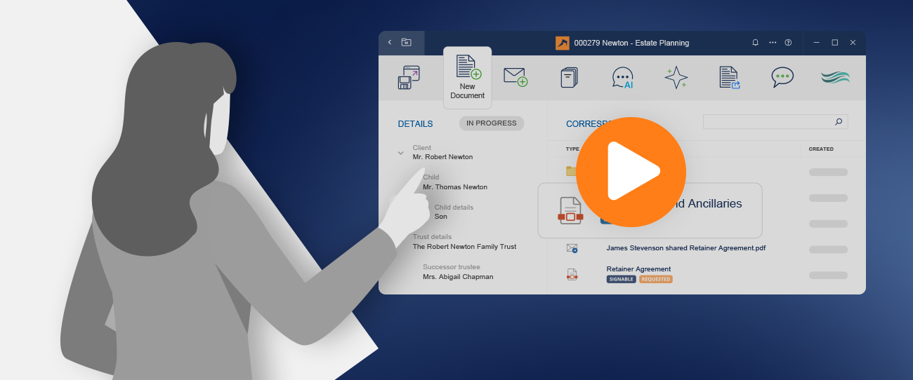 Silhouette of a person interacting with an estate planning software interface, featuring documents and a large play button overlay.
