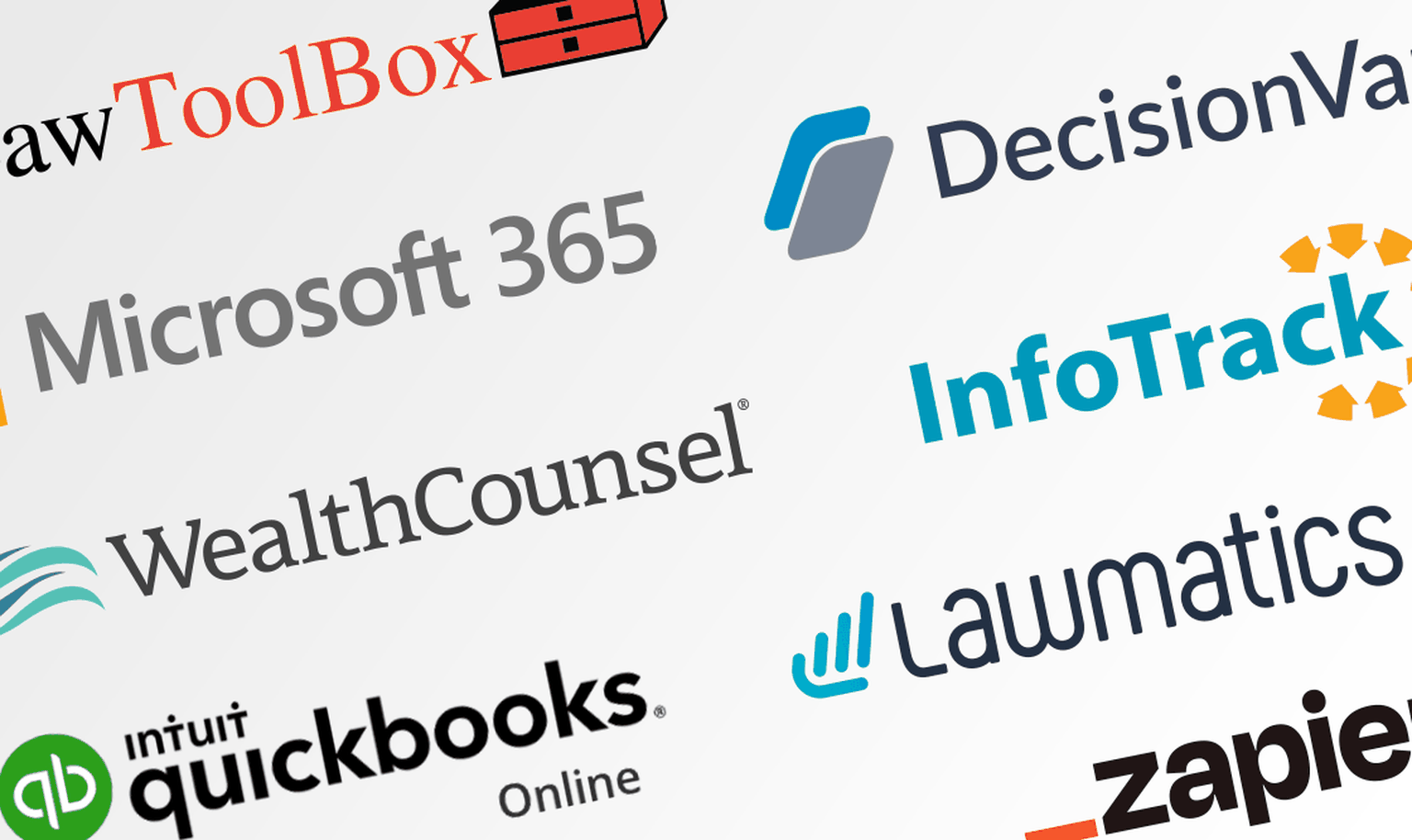 Logos of various software companies including LawToolBox, Microsoft 365, DecisionVault, InfoTrack, WealthCounsel, and others.